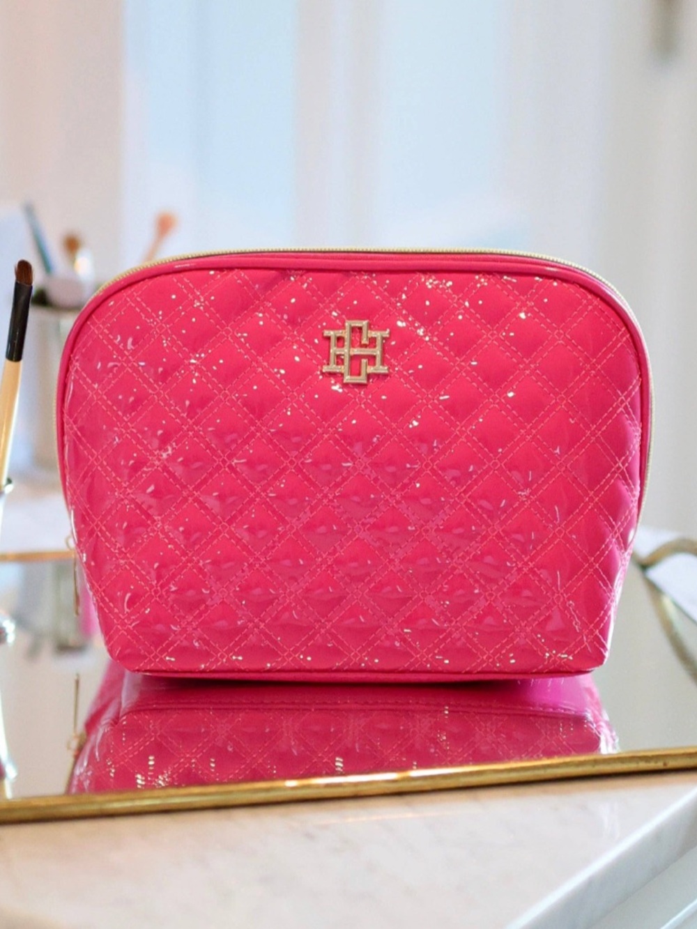 Caroline Hill Hot Pink Patent Capri Large Makeup Pouch